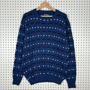 Reed St‎ James Blue Knit Sweater Large Grandpa 90s USA Striped Pattern Chunky